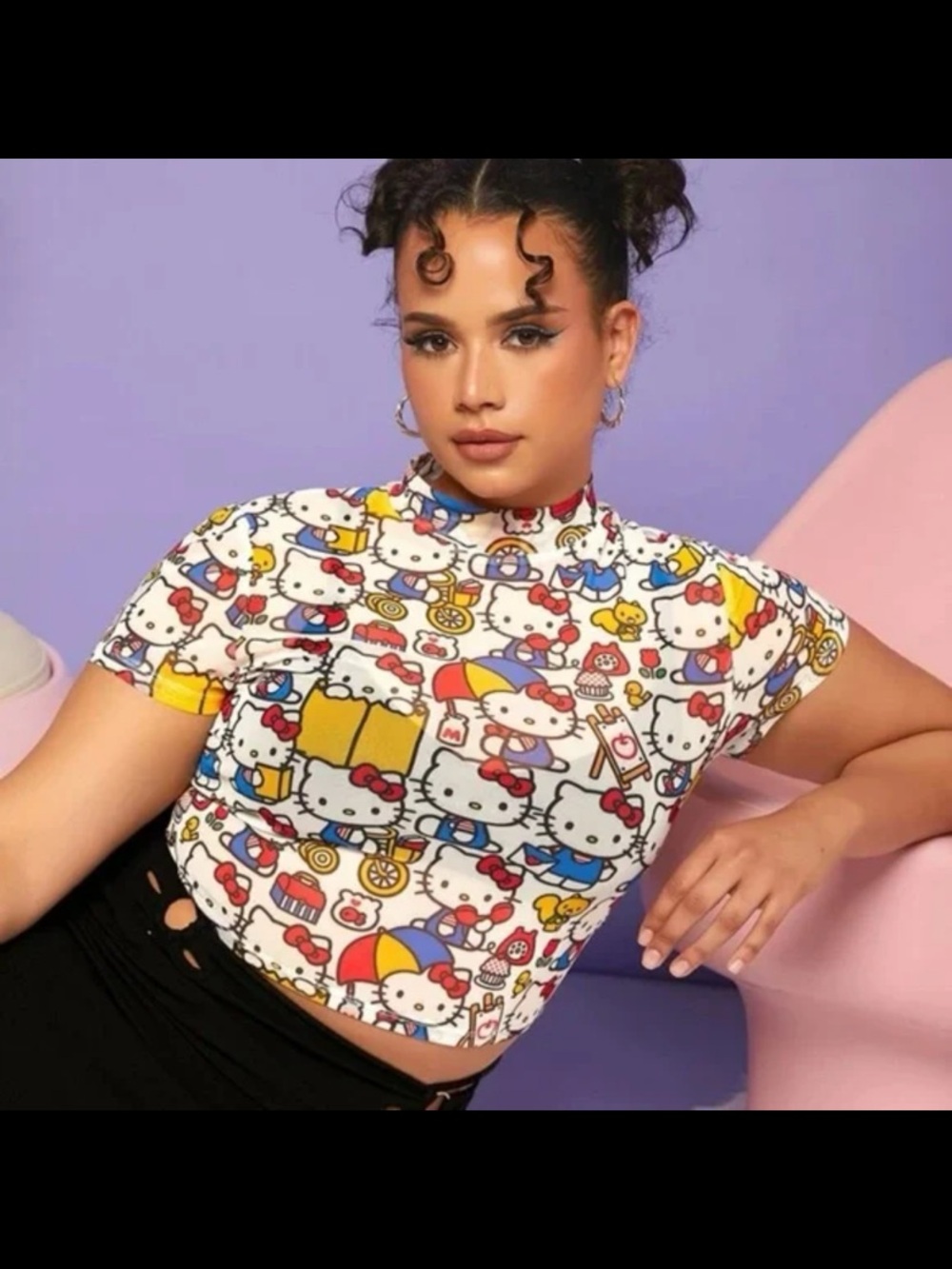 Hello Kitty Printed Crop Top - White with Red, Yellow & Blue Accents